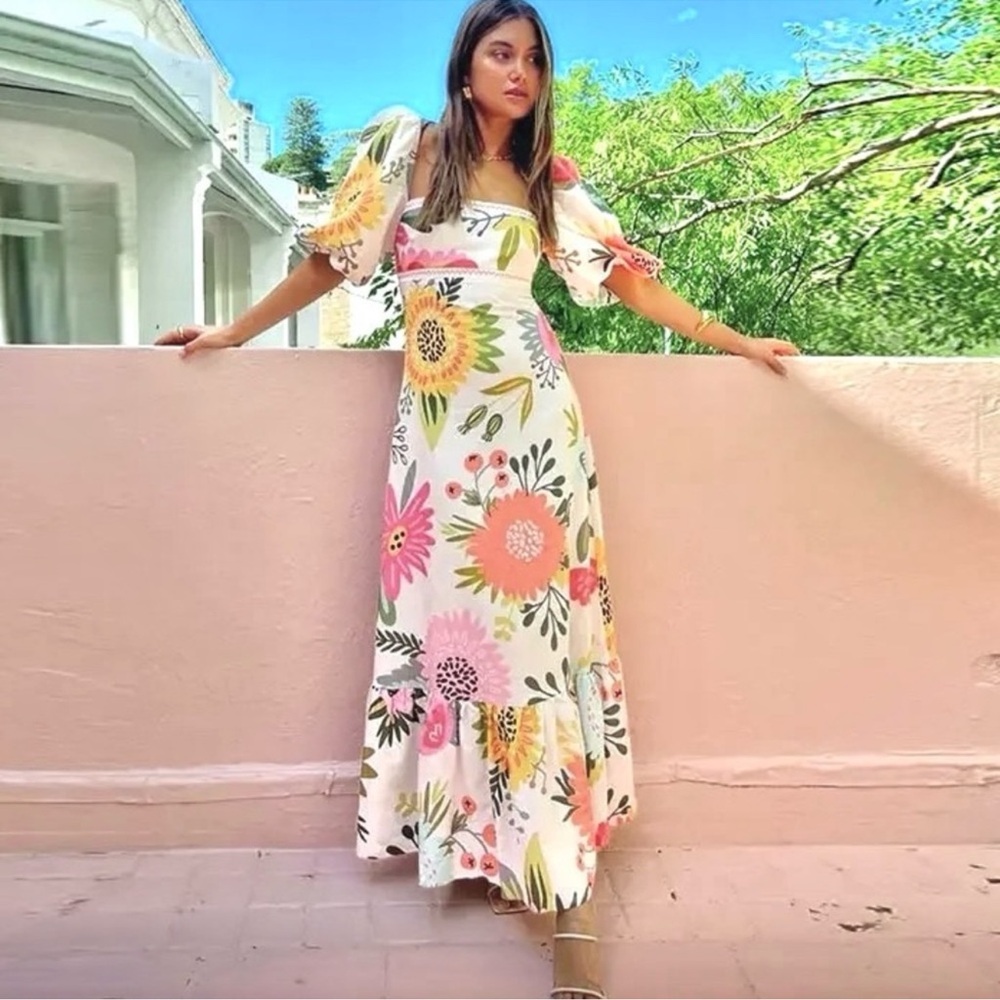 Vibrant Floral Maxi Dress with Puff Sleeves - Picture 7 of 9